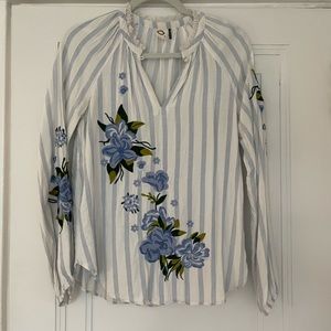 Anthropologies striped blouse with floral embroidery, size XS